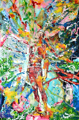 <b>Chinese general</b><br />oil, watercolor, acrylic, pencil, permanent marker, ink, collage on canvas, 140x90 cm, 2010