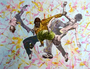 <b>Jumping</b><br />pencil, acryl, watercolor on canvas, 100x130 cm, 2012-2014