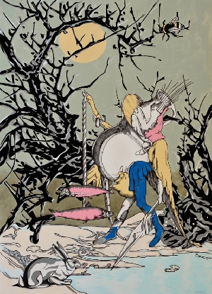 <b>Night hunting</b><br />acryl, watercolor, ink, marker on canvas, 100x72 cm, 2015