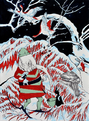 <b>Night forest</b><br />acryl, oil, ink, marker on canvas, 70x95 cm, 2015