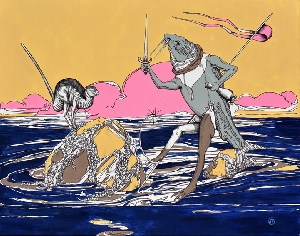 <b>Fishing day</b><br />acryl, ink, marker on canvas, 90x115 cm, 2015