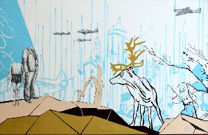 <b>White Deer</b><br />pencil, acrylic, watercolor on canvas, 63x98 cm, 2013