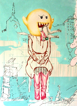 <b>Cleaning</b><br />pencil, acrylic, oil, ink on canvas, 71x97 cm, 2013