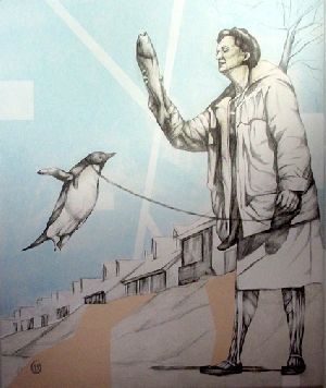 <b>Flight</b><br />from series Unrealized desire, pencil, watercolor on canvas, 50x60 cm, 2012