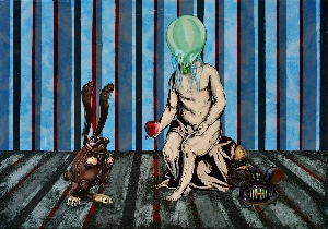 <b>Temptation of mechanical Rabbit</b><br />acryl, watercolor, ink, sanguine on canvas, 85x60 cm, 2016